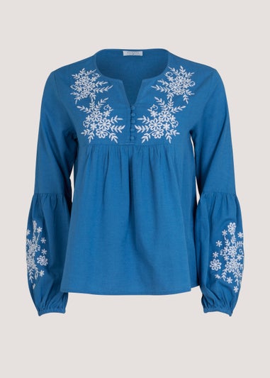 Papaya Petite Blue Embroidered Blouse