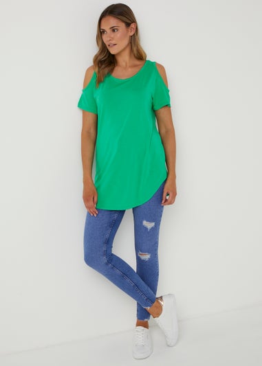 Green Longline Cold Shoulder T-Shirt