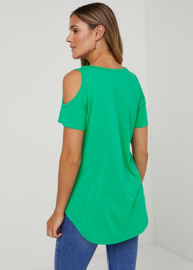 Green Longline Cold Shoulder T-Shirt