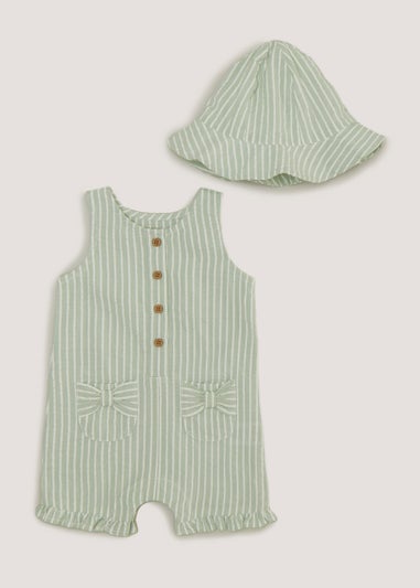 Baby Green Stripe Romper & Hat Set (Newborn-18mths)
