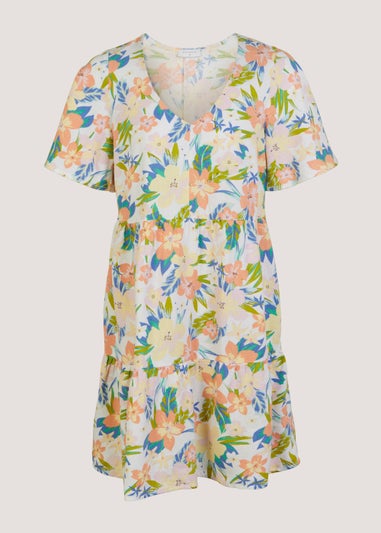 Multicoloured Floral Linen Blend Tiered Mini Dress