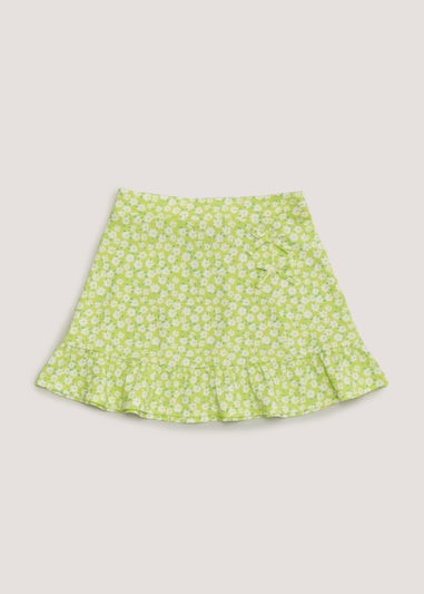 Girls Green Crinkle Floral Skirt (4-13yrs)