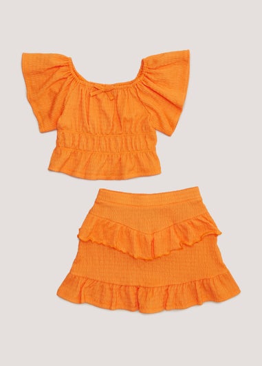 Girls Orange Crinkle Top & Frill Skirt Set (4-13yrs)