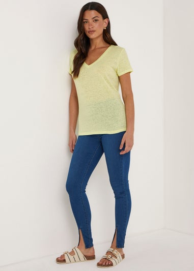 Yellow Linen Blend V-Neck T-Shirt