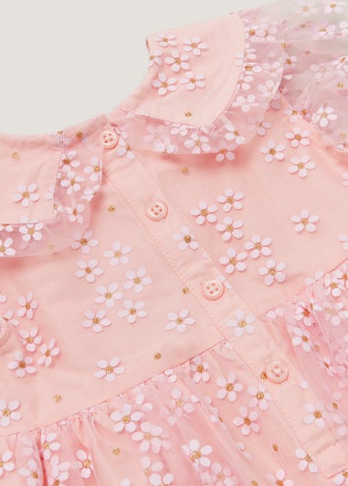 Girls Pink Daisy Print Mesh Dress (9mths-6yrs)