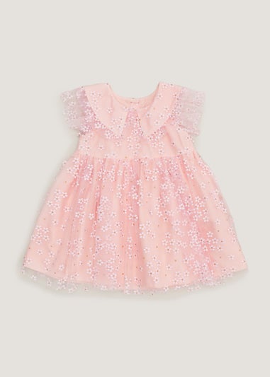 Girls Pink Daisy Print Mesh Dress (9mths-6yrs)