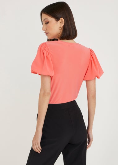 Et Vous Coral Puff Sleeve Woven Top
