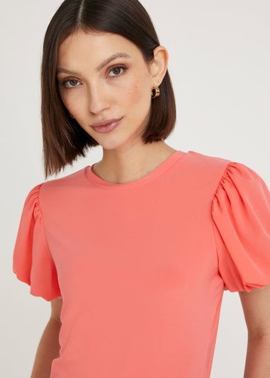 Et Vous Coral Puff Sleeve Woven Top