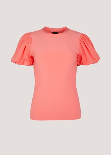 Et Vous Coral Puff Sleeve Woven Top