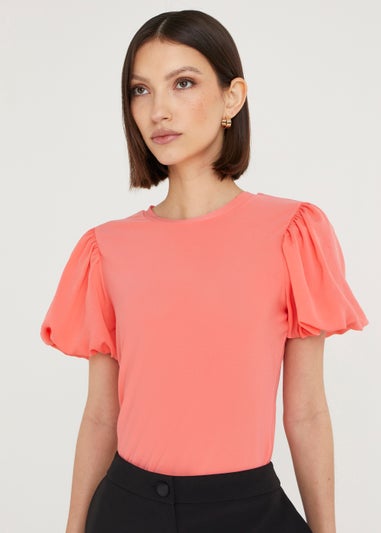 Et Vous Coral Puff Sleeve Woven Top