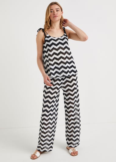 White & Black Zigzag Co-Ord Beach Trousers