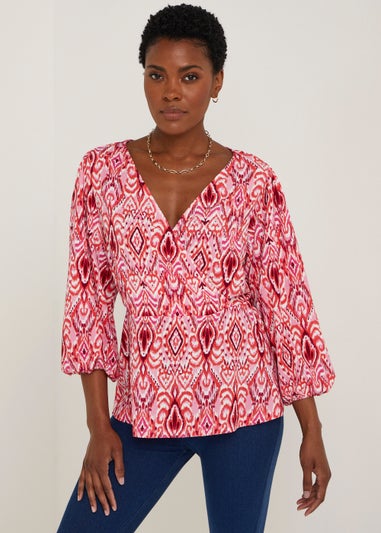 Pink Print Wrap Front Top