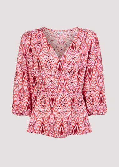 Pink Print Wrap Front Top