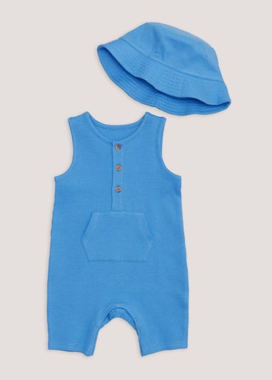 Baby Blue Waffle Romper & Hat Set (Newborn-18mths)