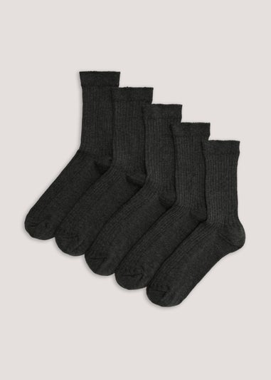 Kids 5 Pack Grey Ribbed Socks (Younger 9-Older 6.5)