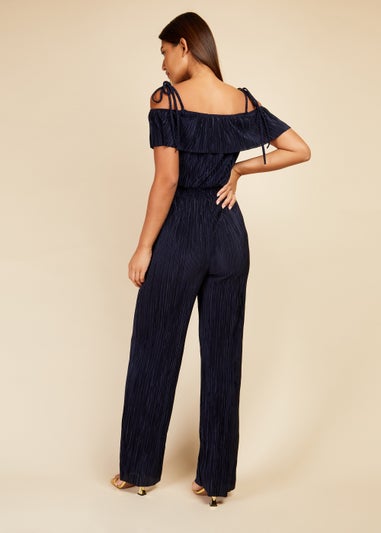 Little Mistress Navy Plisse Cold Shoulder Jumpsuit