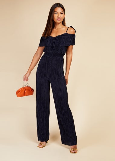 Little Mistress Navy Plisse Cold Shoulder Jumpsuit