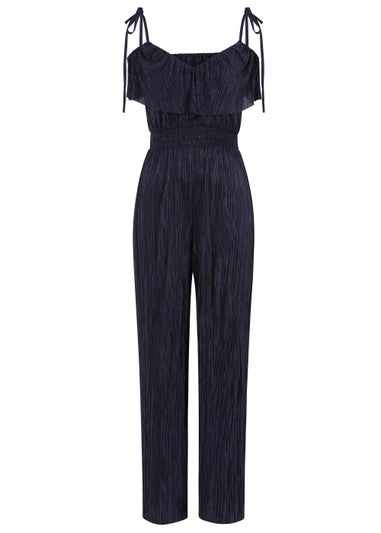 Little Mistress Navy Plisse Cold Shoulder Jumpsuit