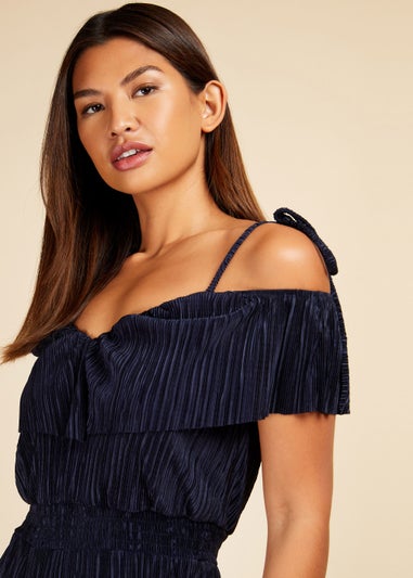 Little Mistress Navy Plisse Cold Shoulder Jumpsuit