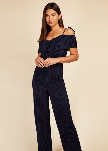 Little Mistress Navy Plisse Cold Shoulder Jumpsuit