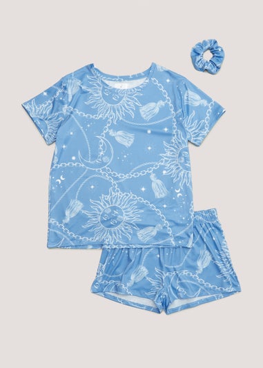 Blue Celestial Short Pyjama & Scrunchie Set