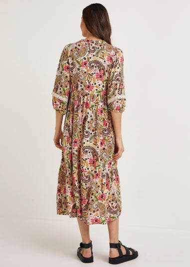 Multicoloured Paisley Lace Trim Midi Dress