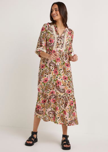 Multicoloured Paisley Lace Trim Midi Dress