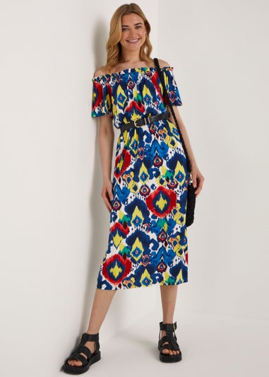 Multicoloured Print Bardot Midi Dress