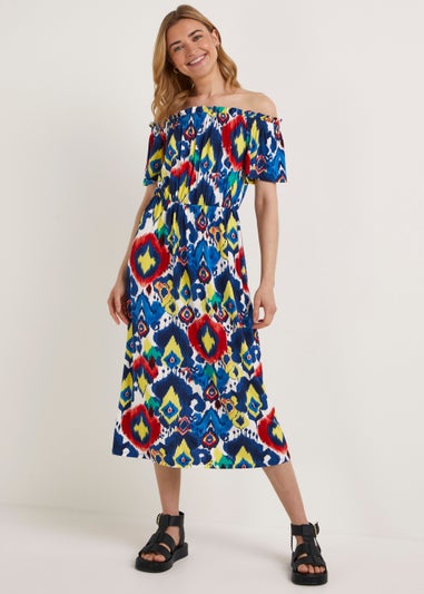 Multicoloured Print Bardot Midi Dress