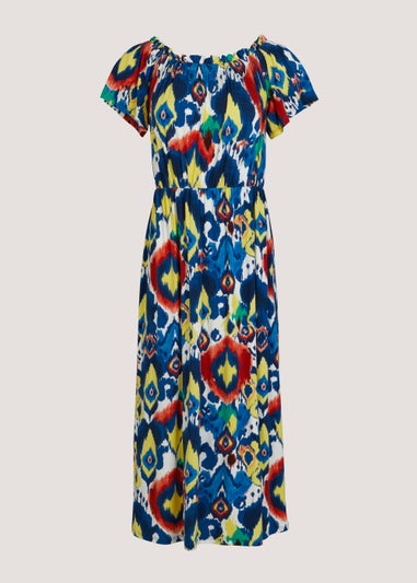 Multicoloured Print Bardot Midi Dress