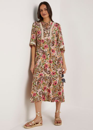 Papaya Petite Multicoloured Paisley Lace Trim Midi Dress