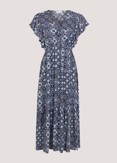 Navy Tile Print Crinkle Midi Dress