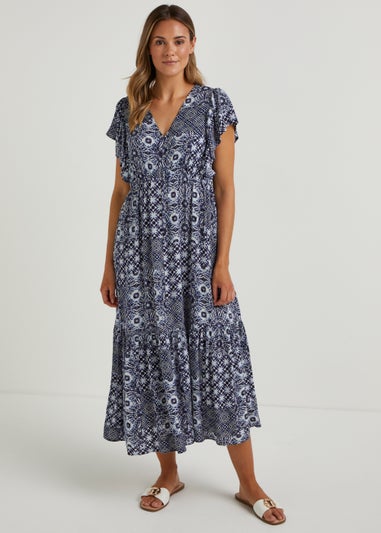 Navy Tile Print Crinkle Midi Dress