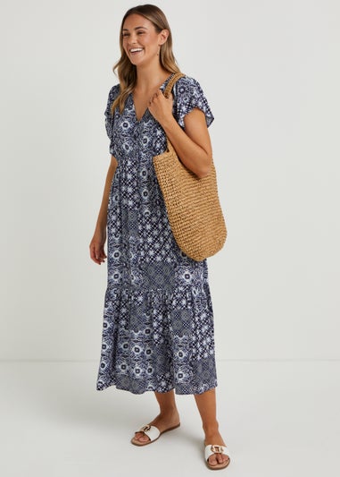 Navy Tile Print Crinkle Midi Dress