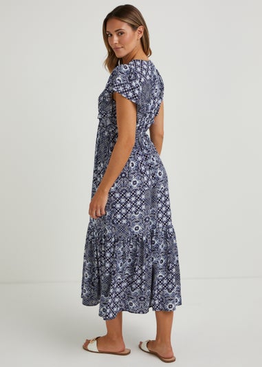 Navy Tile Print Crinkle Midi Dress