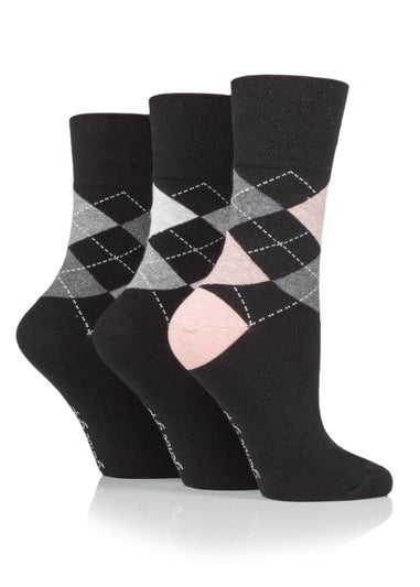 3 Pack Gentle Grip Black Argyle Socks