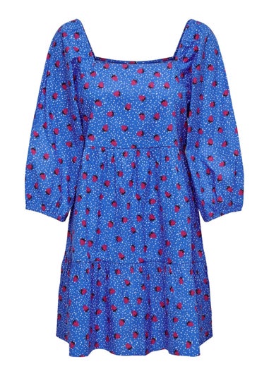 JDY Blue Strawberry Print 3/4 Sleeve Dress - Matalan