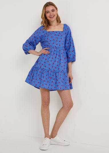 JDY Blue Strawberry Print 3/4 Sleeve Dress