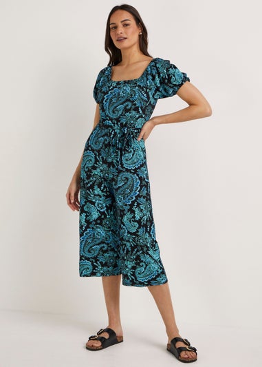 Black Paisley Puff Sleeve Jumpsuit