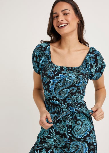Black Paisley Puff Sleeve Jumpsuit