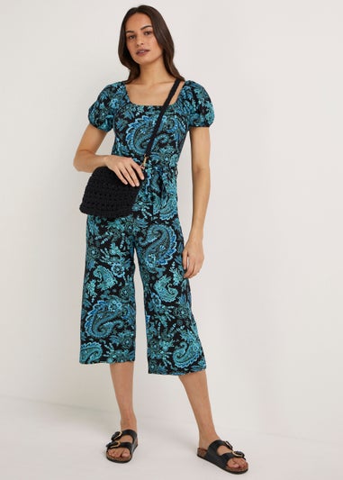 Black Paisley Puff Sleeve Jumpsuit