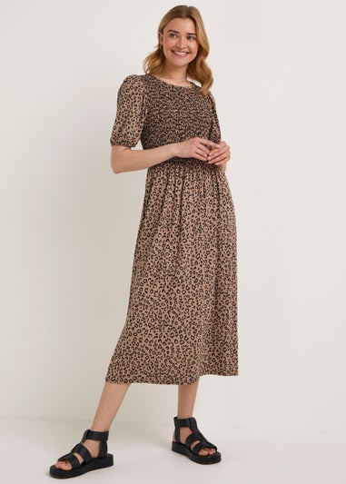 Stone Animal Print Short Sleeve Midi Dress