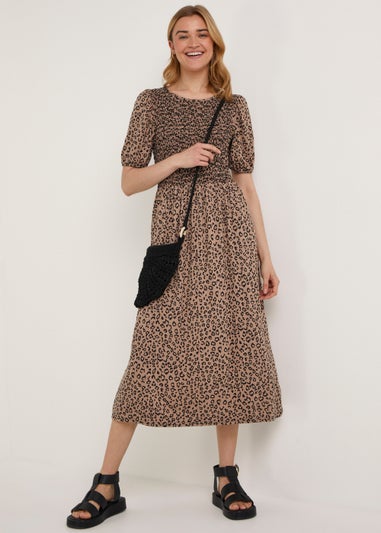 Stone Animal Print Short Sleeve Midi Dress