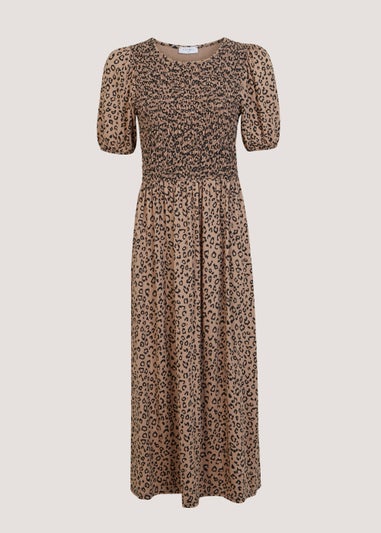 Stone Animal Print Short Sleeve Midi Dress