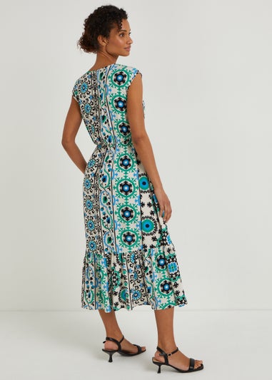 Blue Foulard Print Midi Dress