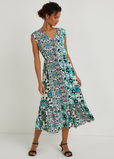 Blue Foulard Print Midi Dress