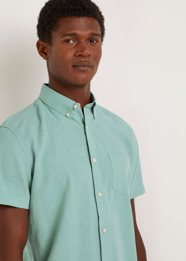 Turquoise Linen Blend Short Sleeve Shirt
