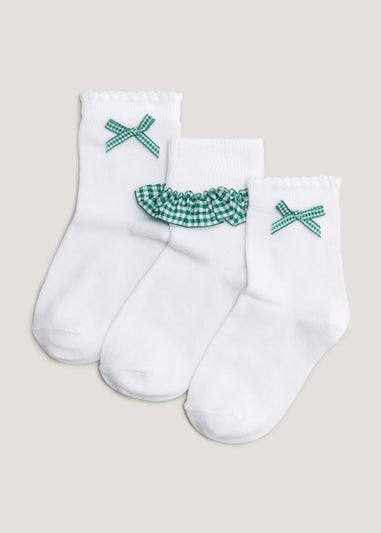 Girls 3 Pack Green Gingham School Socks (Younger 6-Older 5.5)