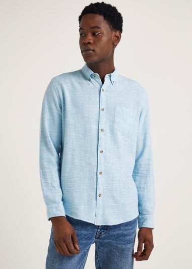 Blue Linen Blend Roll Up Shirt