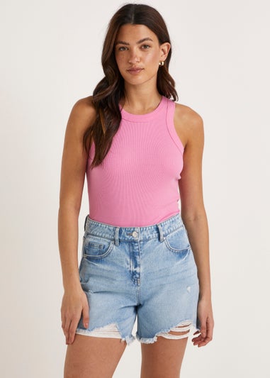 Pink High Neck Ribbed Vest Top